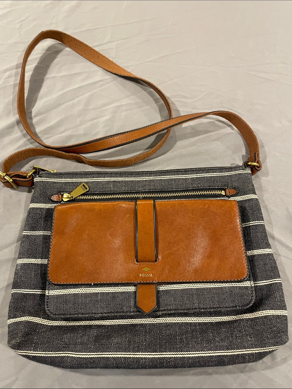 Fossil Black & Brown Striped Canvas Crossbody Bag